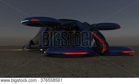 A 3d Illustration. The Concept Of A Flying Car Is Possible . Rear View. The Aircraft Is Blue, Standi