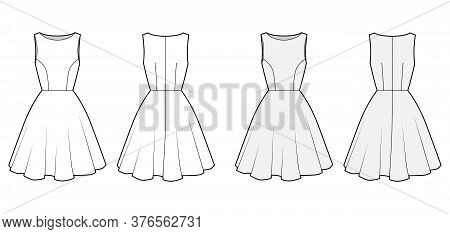 Dress Technical Fashion Illustration With Fitted Body, Boat Neck, Sleeveless, Semi-circular Fullness