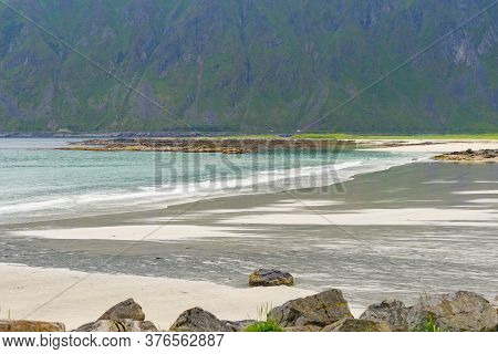 Sea Coastline And Ramberg Beach On Flakstadoy. Nordland County, Lofoten Norway.