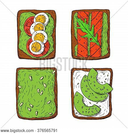 Avocado Toasts. Top View. Hand-drawn Style. Isolated.