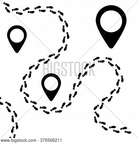 Human Foot Prints Path With Tag Points. Traveler Man Boot Steps Tracking On Route Isolated On White 