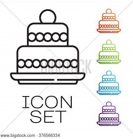 Black Line Cake Icon Isolated On White Background. Happy Birthday. Set Icons Colorful. Vector