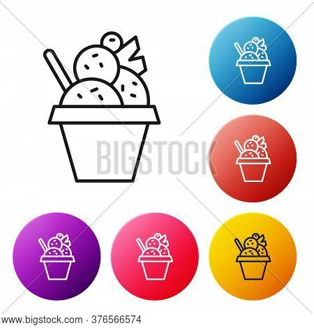 Black Line Ice Cream In The Bowl Icon Isolated On White Background. Sweet Symbol. Set Icons Colorful