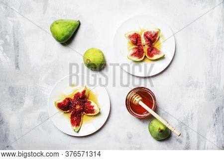 Sweet Fresh Green Figs With Honey, Summer Dessert, Gray Stone Background, Top View