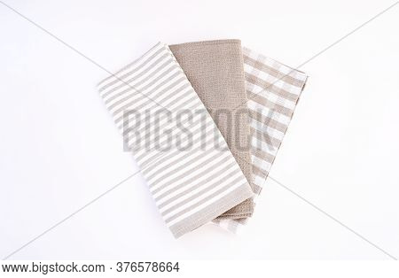 Top View New Kitchen Towels In Brown Chermolla Strip And White Color Simple Pattern In Differnet Sty