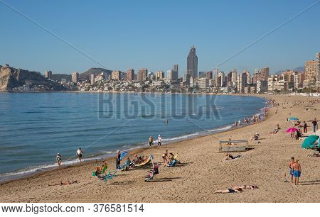 Benidorm, Spain-february 4th 2020: The Beach In The Month Before The Covid Virus Lockdown At Benidor