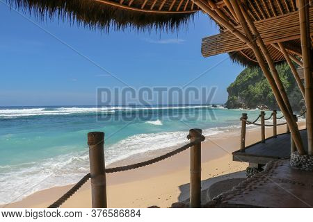 Outdoor Restaurant At The Beach. Cafe On The Beach, Ocean And Sky. View To Beach From Bar In Bali, I