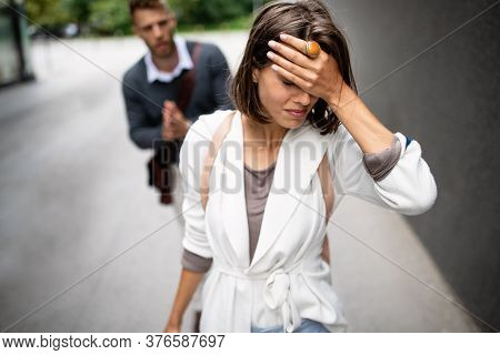 Breakup Of Couple With Man And Sad Girlfriend Outdoor. Divorce, Couple, Love, Pain Concept.