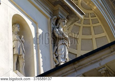 Gorgonzola, Milan,  Lombardy, Italy: Statues On Facade Of The Saints Gervaso And Protaso Church
