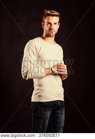 Status And Reputation. Man Well Groomed Handsome Hipster Wrist Watch. Expensive Luxury Accessory. Wa