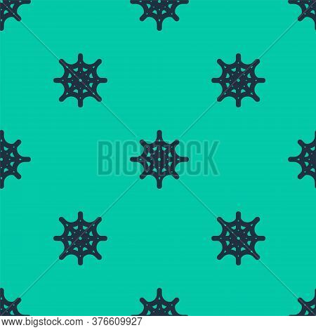 Blue Line Spider Web Icon Isolated Seamless Pattern On Green Background. Cobweb Sign. Happy Hallowee