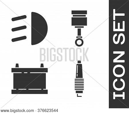 Set Car Spark Plug, High Beam, Car Battery And Engine Piston Icon. Vector