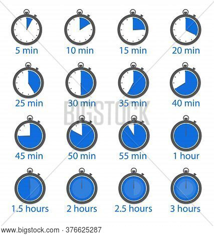 Set Of Clocks Showing Passing Minutes And Hours On The Dial In Blue From 5 Minutes To 3 Hours At Fiv