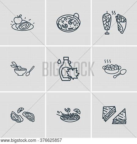 Illustration Of 9 Culinary Icons Line Style. Editable Set Of Austrian Apfelstrudel, Pad Thai, Americ