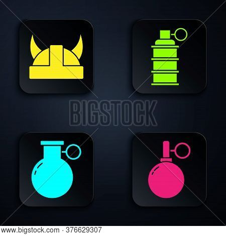 Set Hand Grenade, Viking In Horned Helmet, Hand Grenade And Hand Grenade. Black Square Button. Vecto