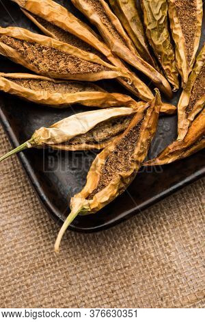 Sandgi Mirchi Or Dried Stuffed Green Chillies, Popular Maharashtrian Side Dish