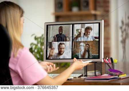 Remote Meeting. Woman Working From Home During Coronavirus Or Covid-19 Quarantine, Remote Office Con