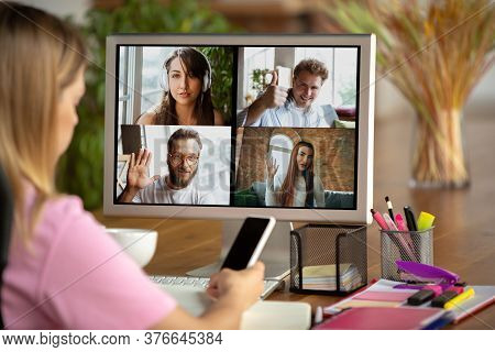 Remote Meeting. Woman Working From Home During Coronavirus Or Covid-19 Quarantine, Remote Office Con