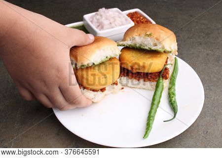 Bombay Vada Paav Or Indian Burger With Fried Potato Patty