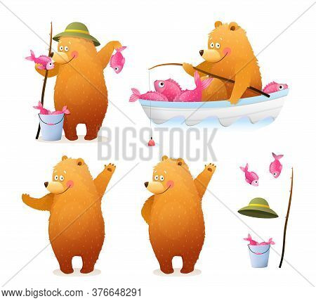Amusing Bear Fisherman With Bucket Of Fish And Rod Sitting In The Boat, And Standing With Catch. Cut