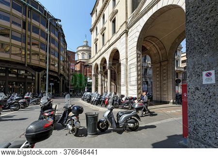 Milan, Italy - April 17, 2018. View Of The Filippo Meda Square In The Historical Centre Of Milan. Mo