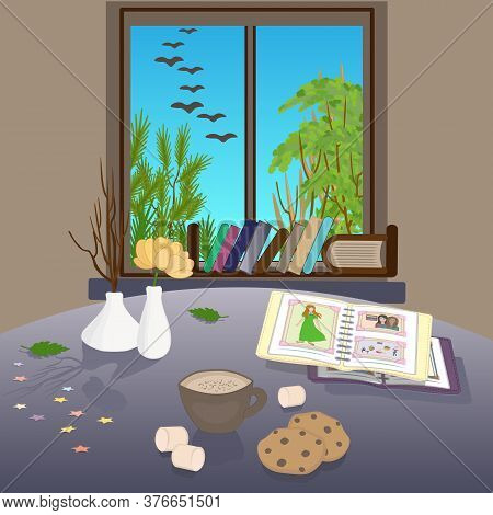 In The Room Table Near The Window. Trees Outside The Window. On The Table Is A Vases, Coffee, Cookie