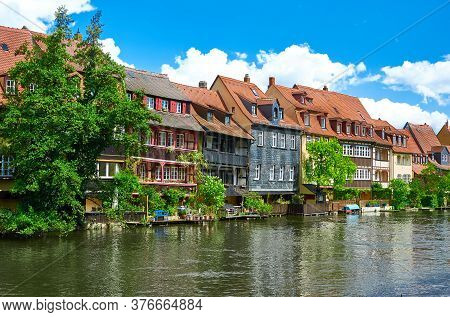 Scenic Summer Panorama Of The Old Town Pier Architecture In Bamberg, Bavaria, Germany