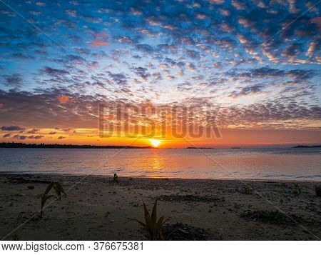 Sunrise Dramatic Sky On Sea, Tropical Desert Beach, No People, Stormy Clouds, Travel Destination, In