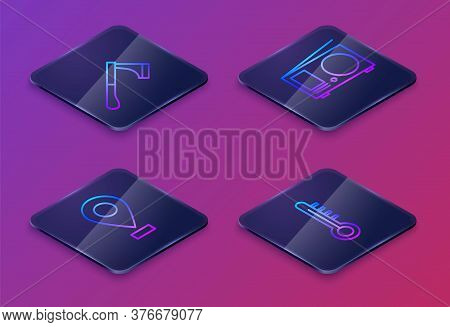 Set Isometric Line Wooden Axe, Location, Radio With Antenna And Meteorology Thermometer. Blue Square