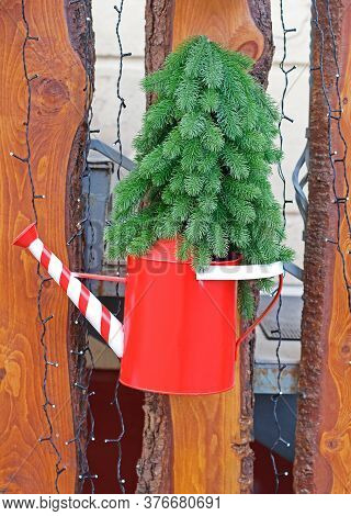 An Artificial Coniferous Tree In A Red-white Watering Can Hanging On A Wooden Fence With A Garland