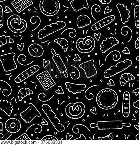 Hand Drawn Seamless Pattern Of Bakery Elements, Bread, Pastry, Croissant, Cake, Donut. Doodle Sketch