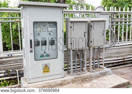 Outdoor Electric Control Box. Circuit Controller Box. Electric Control Box With Push Buttons And Swi