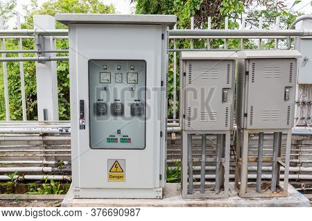 Outdoor Electric Control Box. Circuit Controller Box. Electric Control Box With Push Buttons And Swi