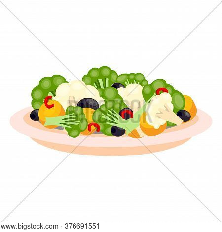 Aloo Gobi In Plate. Indian Traditional Food. Vector Flat Illustration. Isolated On White Background.