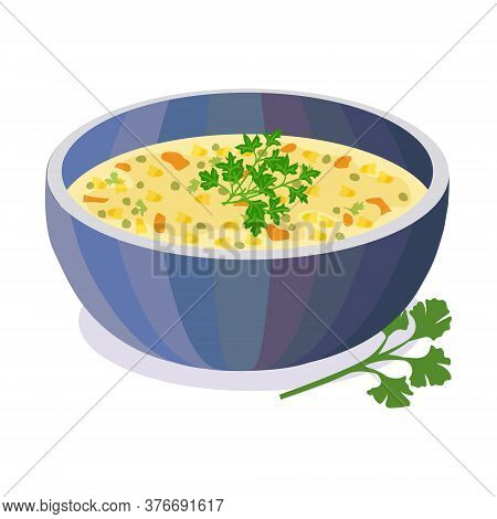 Bean Soup Dal In Bowl. Indian Traditional Food. Vector Flat Illustration. Isolated On White Backgrou