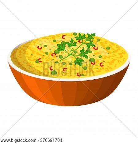 Biryani In Bowl. Indian Traditional Food. Vector Flat Illustration. Isolated On White Background. Fo