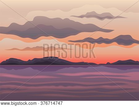 Picturesque Nature Landscape With Sunset And Water View Vector Illustration
