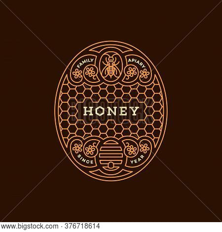 Label Design Tamplate In Trendy Linear Style For Honey Packaging Witn Floral Ornament, Bee And Beehi