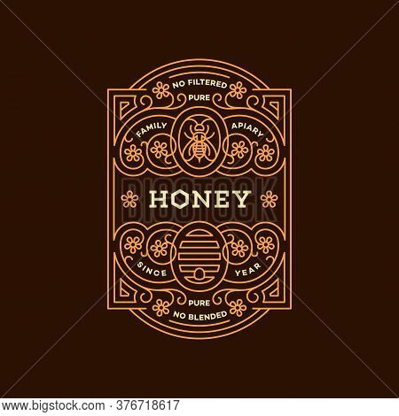 Label Design Tamplate In Trendy Linear Style For Honey Packaging Witn Floral Ornament, Bee And Beehi