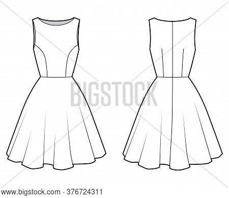 Dress Technical Fashion Illustration With Fitted Body, Boat Neck, Sleeveless, Semi-circular Fullness