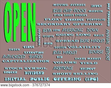 Share Market Related Text Cloud Presented On Colorful Vector Abstract For Magazine Prints.