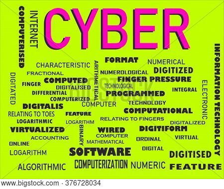 Cyber Word Displayed With Multiple Related Words Cloud On Vector Abstract Text Illustration.