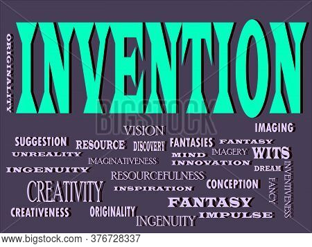 Invention Word Designed With Multiple Related Text Mean On Colorful Vector Cloud Abstract.