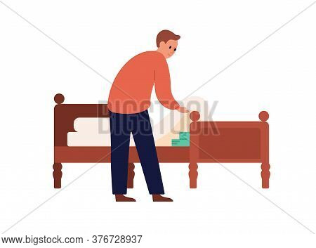 Man Putting Money Under Mattress Vector Flat Illustration. Male Trying Saving Income No Trust Financ