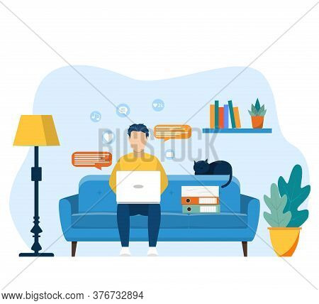Man With Laptop Sitting On The Chair. Home Office. Working At Home. Lot Of Work. Freelance Or Studyi