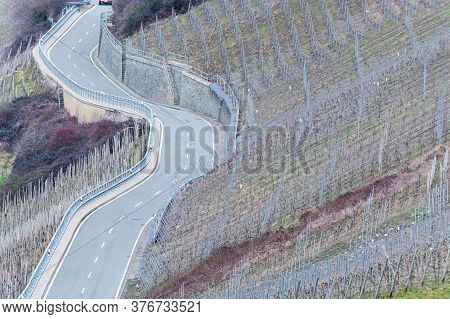 Winding Road Through The Vineyards On The Mosel In Germany.