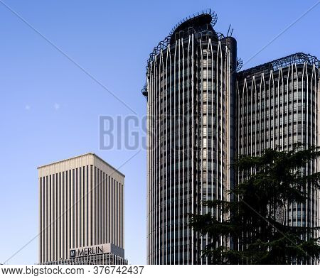 Madrid, Spain - July 12, 2020: Modern Office Buildings In Azca Business Area Of Madrid