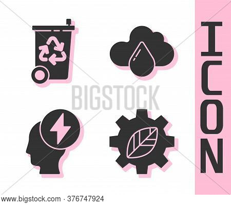 Set Leaf Plant In Gear Machine, Recycle Bin With Recycle, Head And Electric Symbol And Cloud With Ra
