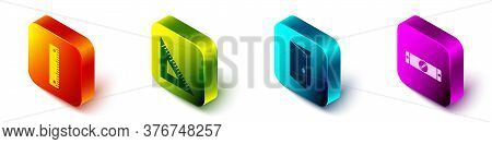 Set Isometric Ruler, Triangular Ruler, Closed Door And Construction Bubble Level Icon. Vector