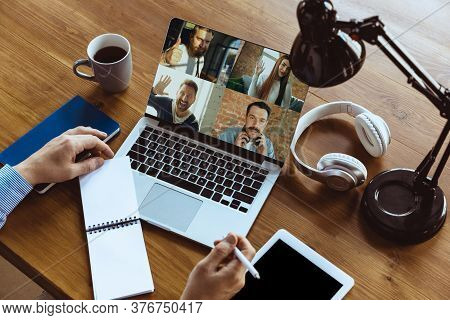 Remote Meeting. Man Working From Home During Coronavirus Or Covid-19 Quarantine, Remote Office Conce